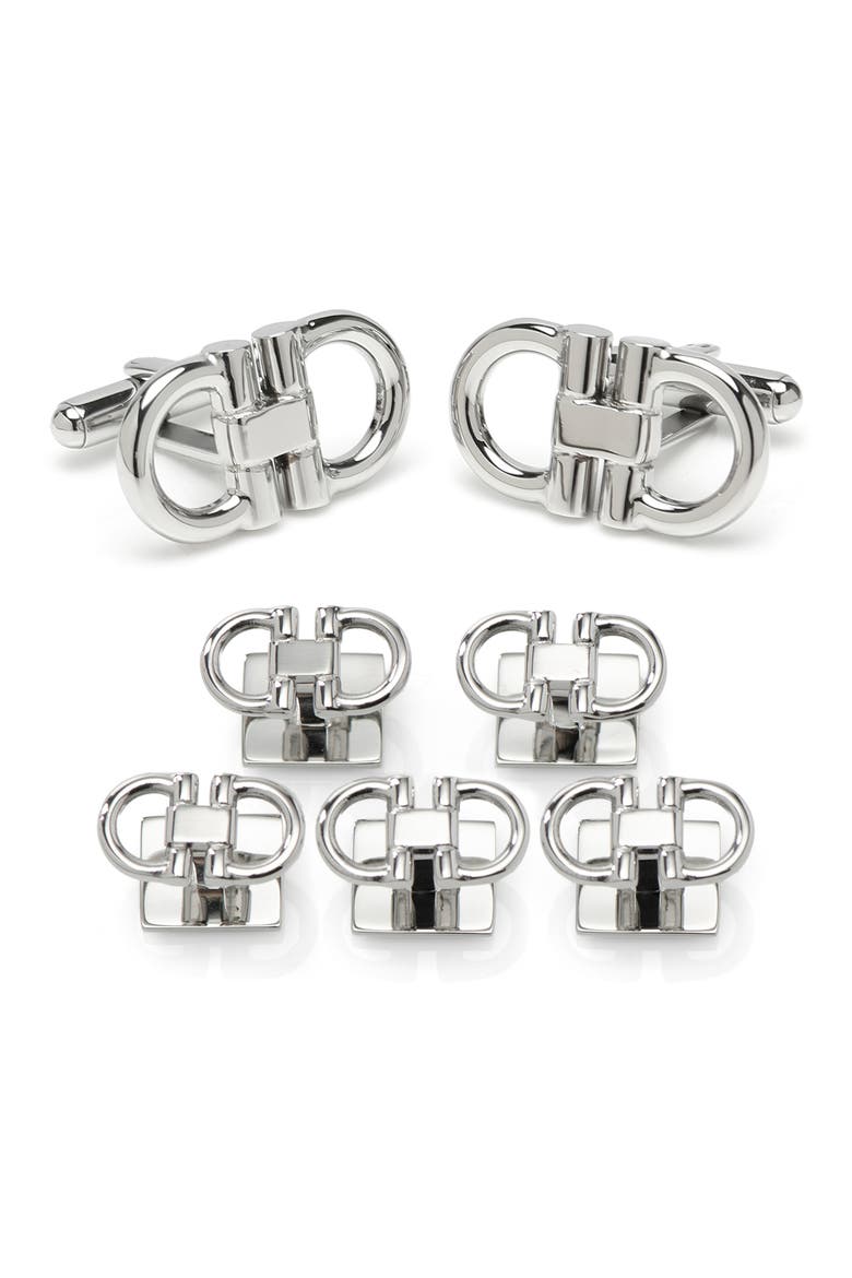 Horsebit Stainless Steel Cuff Links & Studs Set, Main, color, SILVER
