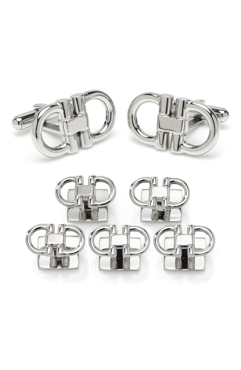 Cufflinks, Inc. Horsebit Stainless Steel Cuff Links & Studs Set, Main, color, Silver