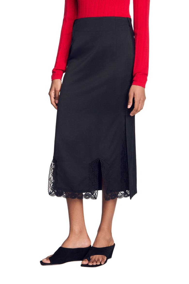 Long mixed-material lace skirt, Alternate, color, Black