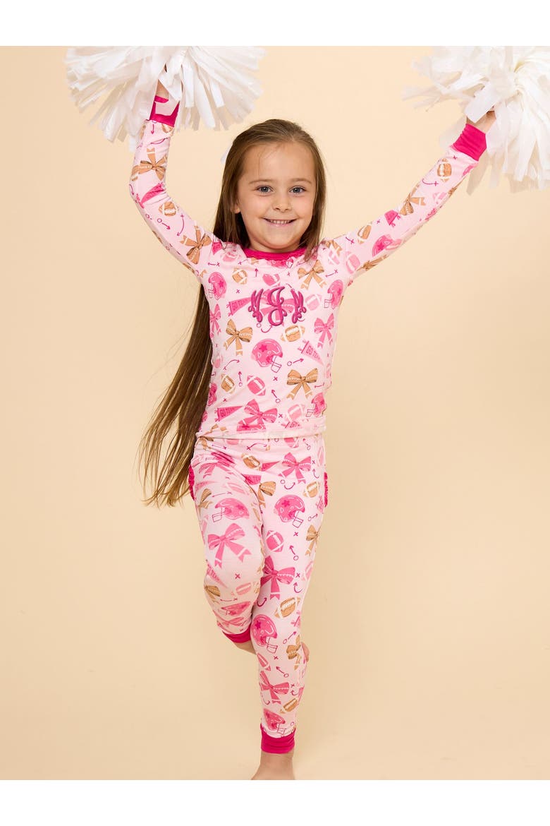 Ruffle Long Sleeve Pajama Set, Signature Rear Ruffles, Alternate, color, Footballs & Bows