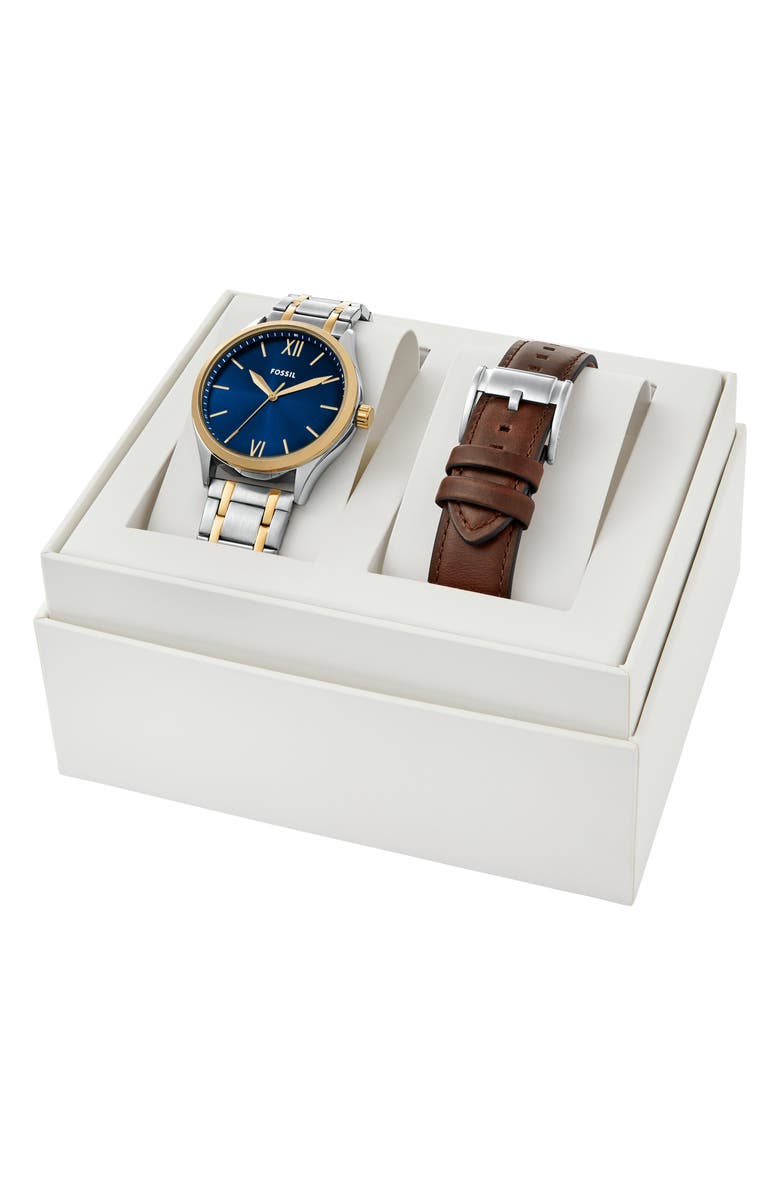 Fossil Fenmo Two-Tone Bracelet Strap & Leather Strap Watch, 44mm, Alternate, color, Two Tone/ Blue