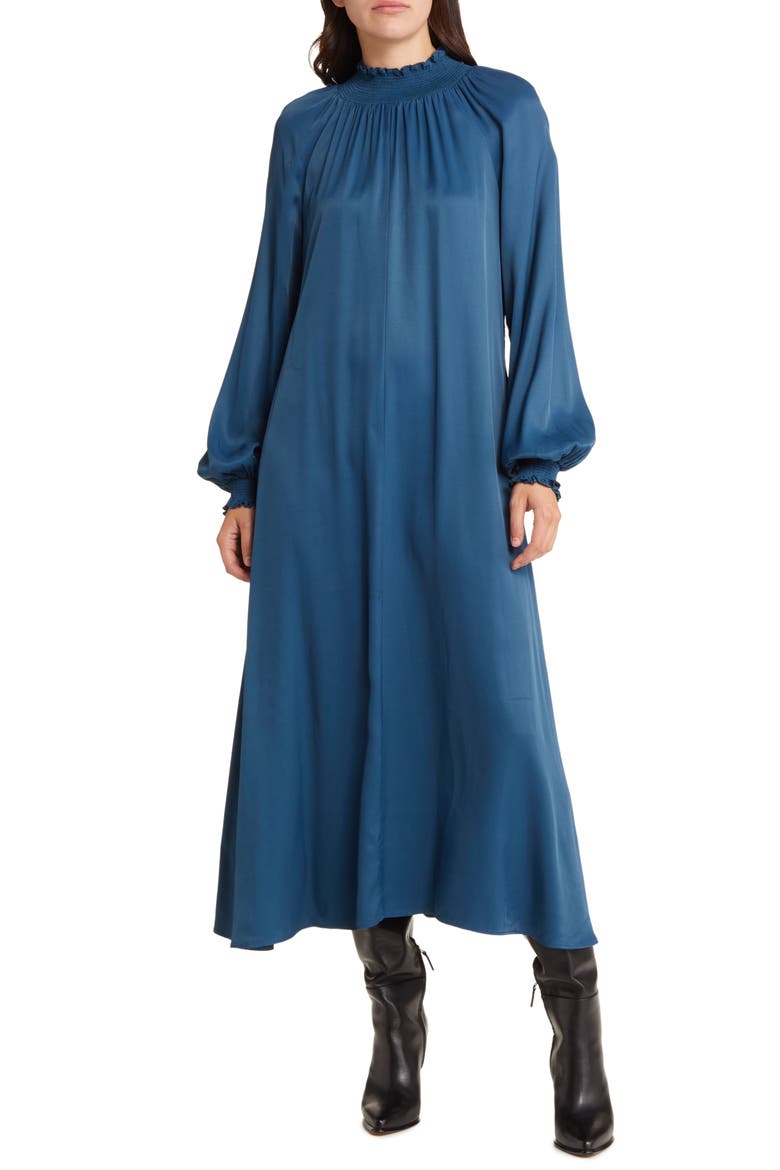 Smocked Neck Long Sleeve Dress, Alternate, color, BLUE CERAMIC