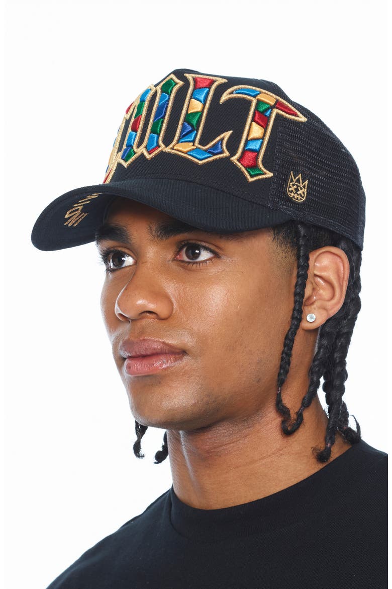 Stained Glass Logo Trucker Hat, Alternate, color, BLACK