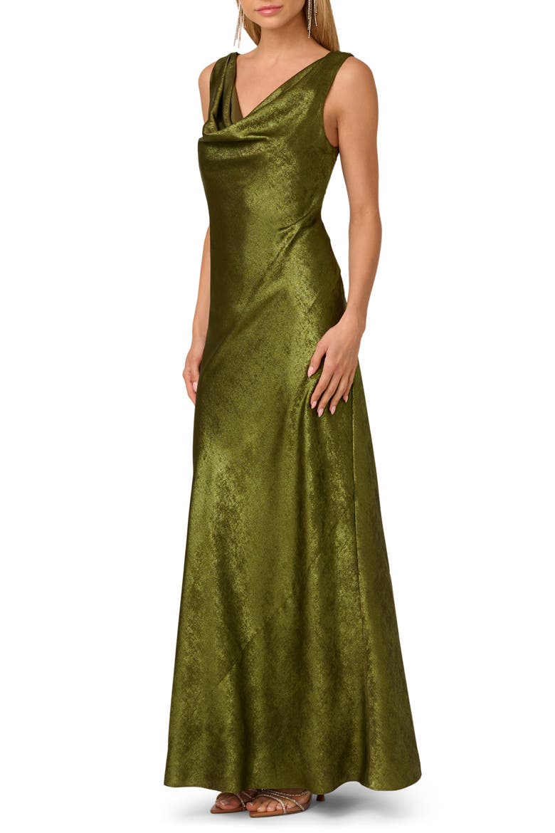 Cowl Neck Foil Gown, Main, color, DARK OLIVE