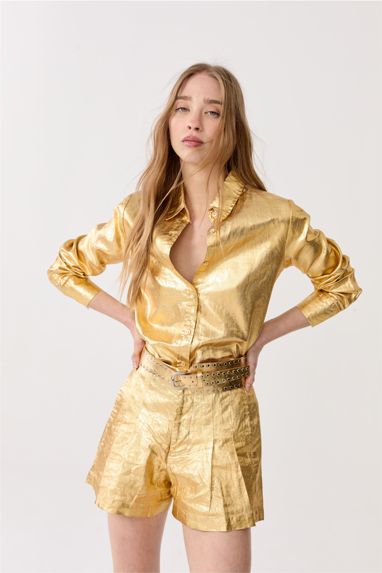 Frida Metallic Linen Shorts, Alternate, color, Gold