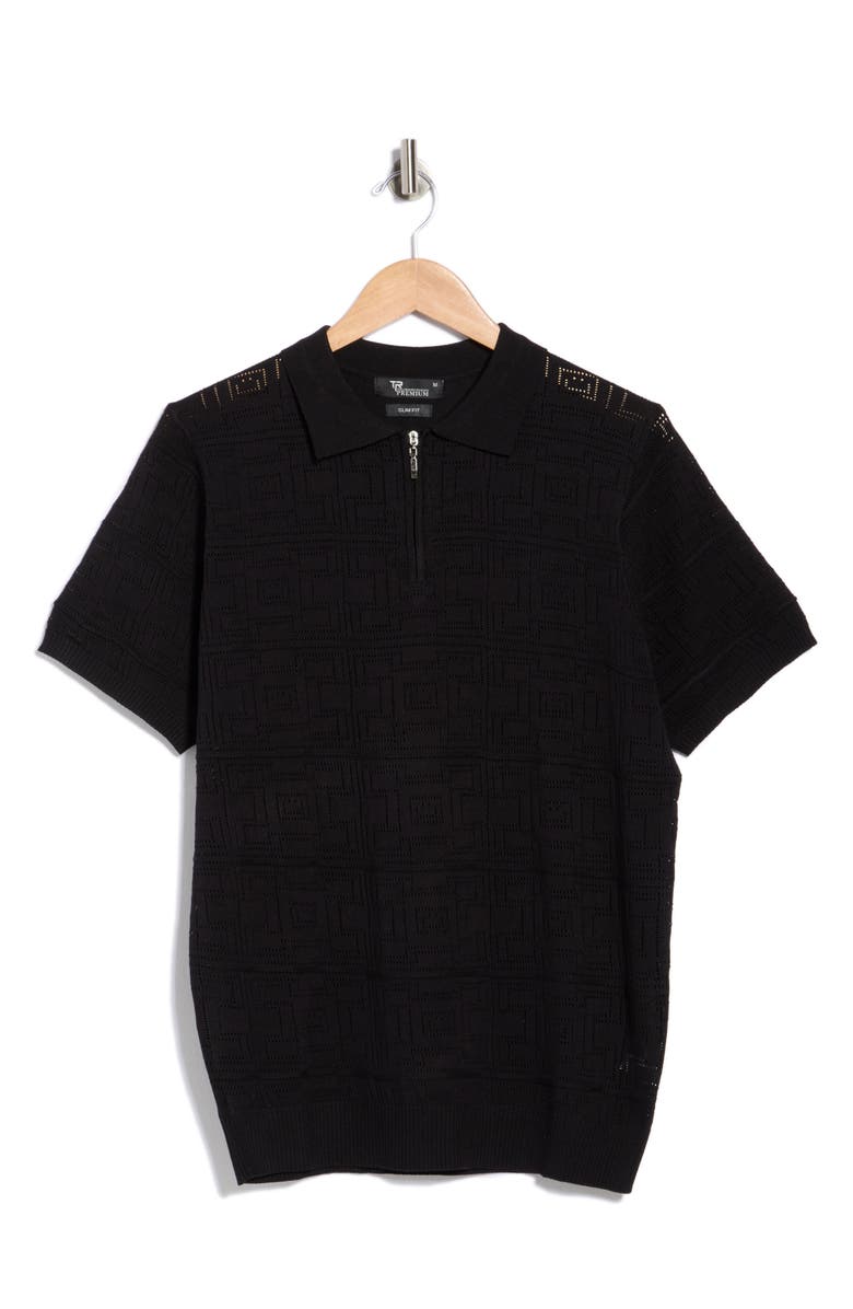 T.R. PREMIUM Geometric Pointelle Half Zip Sweater Polo, Alternate, color, Black