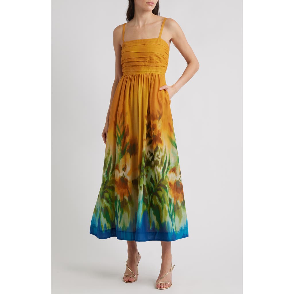 Tahari Asl Plus Size Printed Cotton Sleeveless Midi Dress In Yellow