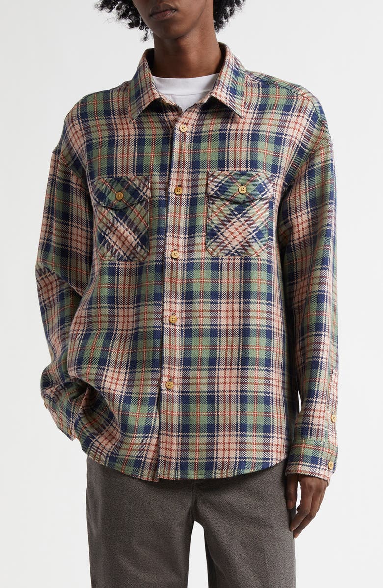 VISVIM Lumber Check Wool & Linen Button-Up Shirt, Main, color, Navy