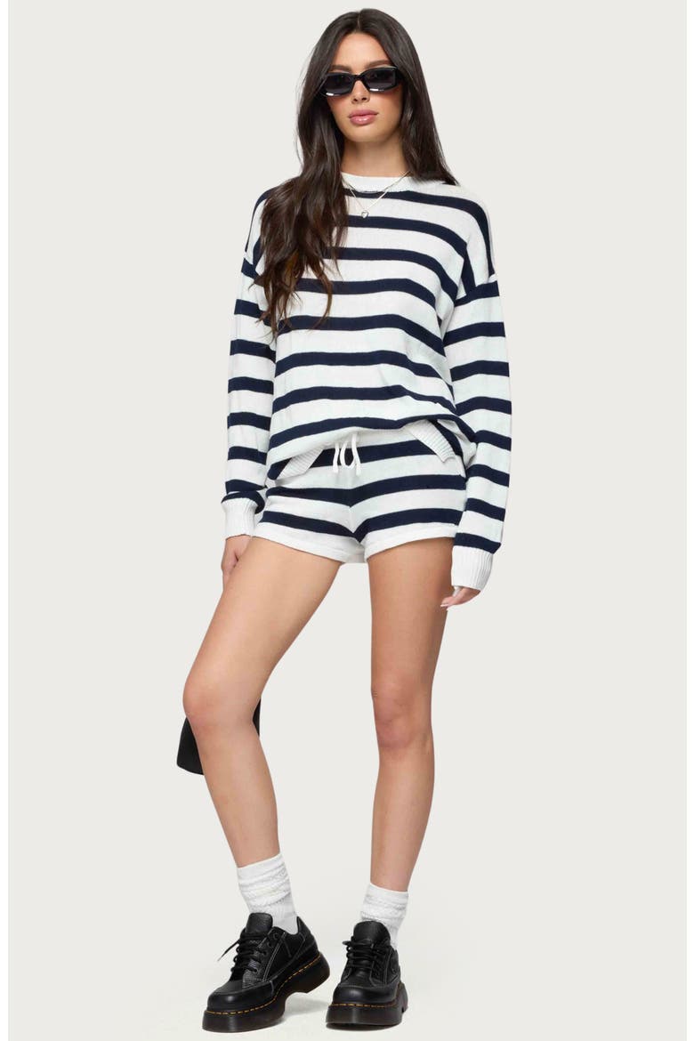 Amaris Stripe Drawstring Cotton Shorts, Alternate, color, NAVY
