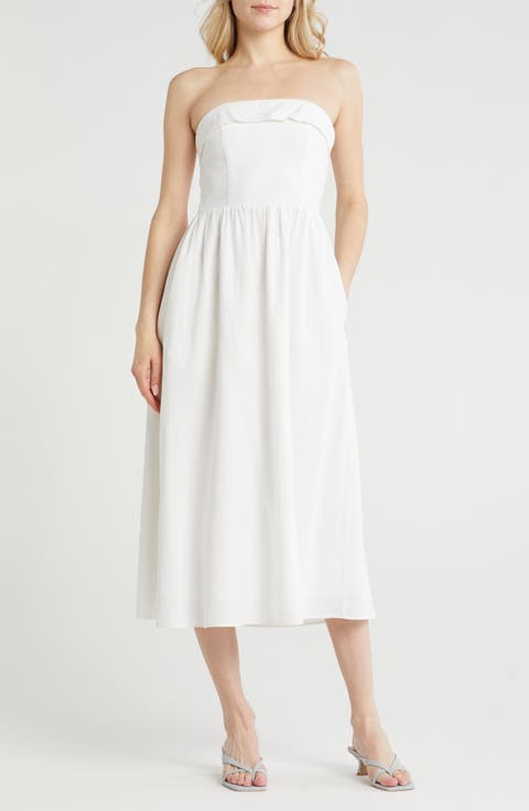 Strapless Linen Blend Midi Dress