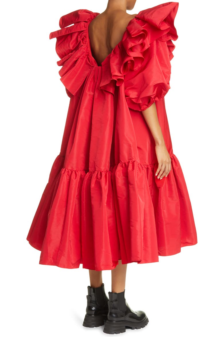Alexander McQueen Ruffle Puff Sleeve Drop Waist Midi Dress, Alternate, color, WELSH RED
