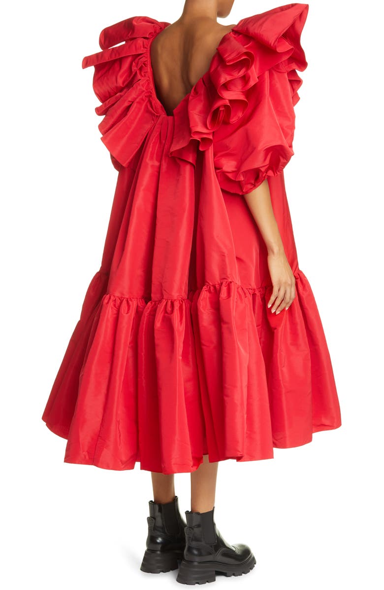 McQueen Alexander McQueen Ruffle Puff Sleeve Drop Waist Midi Dress, Alternate, color,
