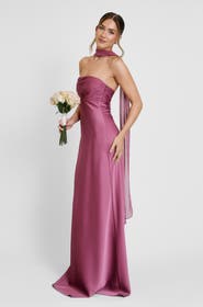 Six Stories Chiffon Bandeau Satin Maxi Dress