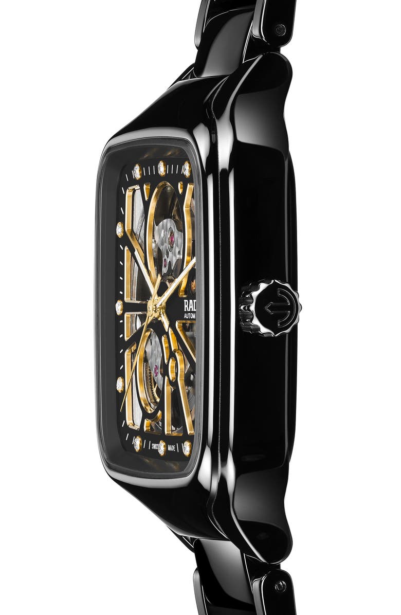 RADO True Square Diamond Automatic Open Heart Bracelet Watch, 38mm, Alternate, color, Black