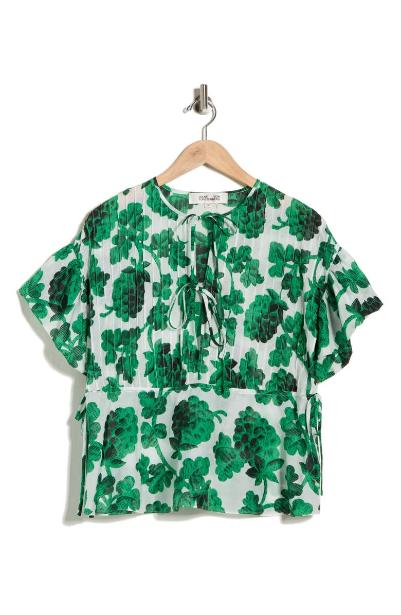 DVF Helen Short Sleeve Cotton & Silk Top, Main, color, Berries Big India Green