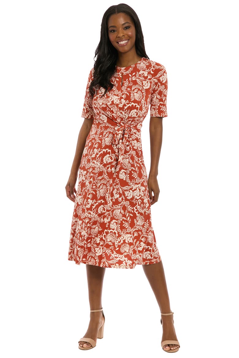 Side Tie Jersey Midi Dress, Alternate, color, RUST/ BEIGE