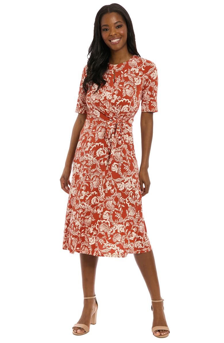 London Times Side Tie Jersey Midi Dress, Alternate, color, Rust/ Beige