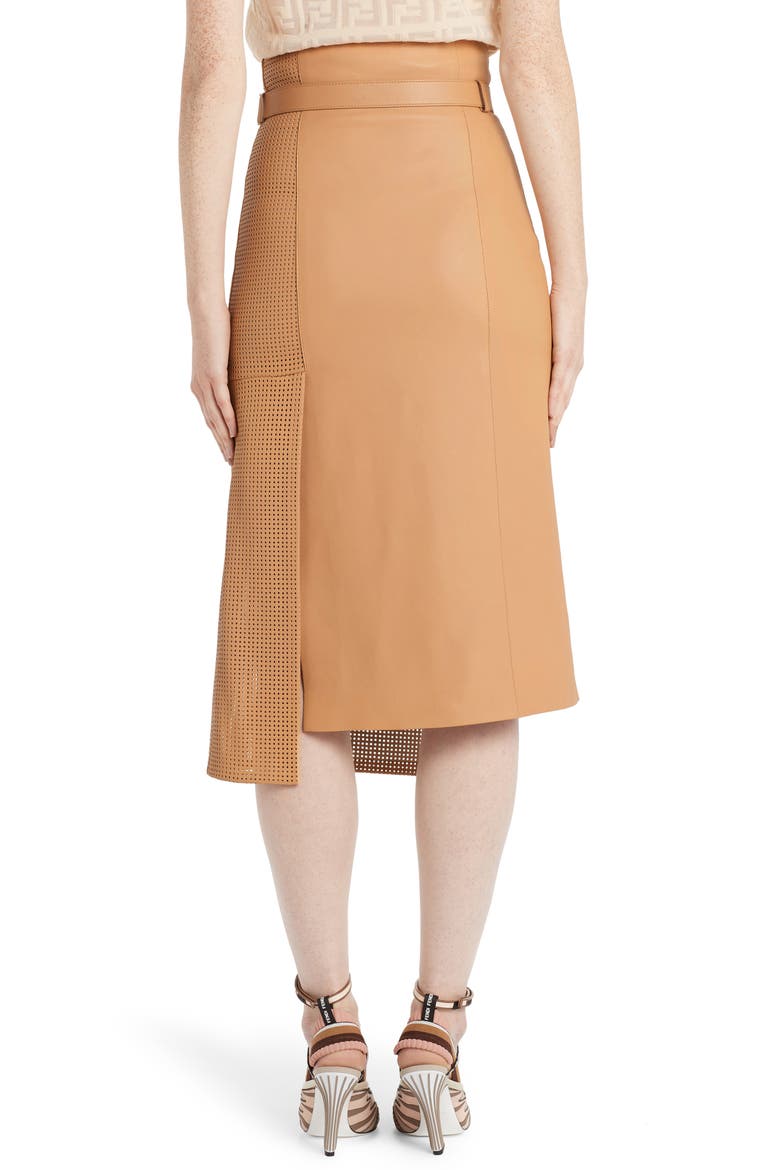 Asymmetrical Perforated Leather Wrap Skirt, Alternate, color, DURIAN