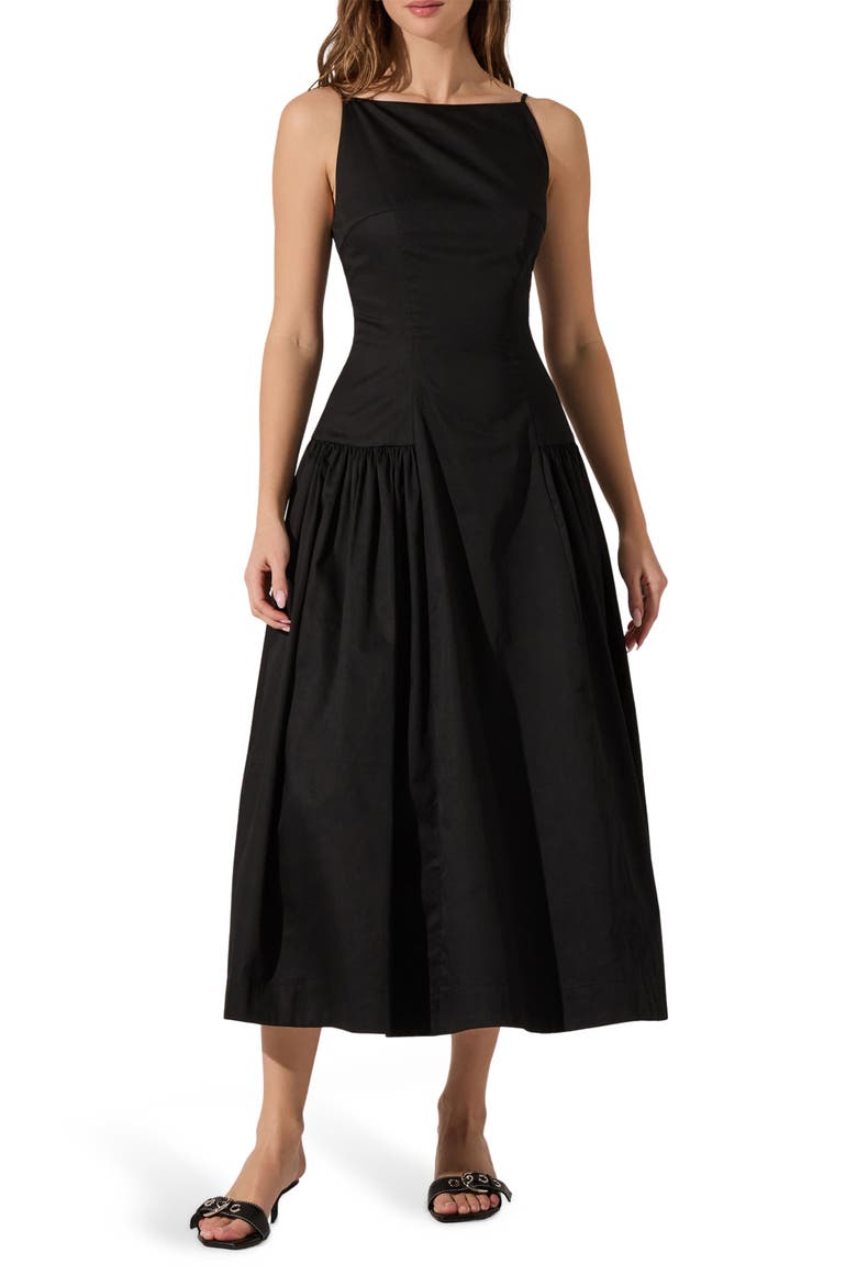 High Neck Open Back Cotton Midi Dress, Main, color, BLACK