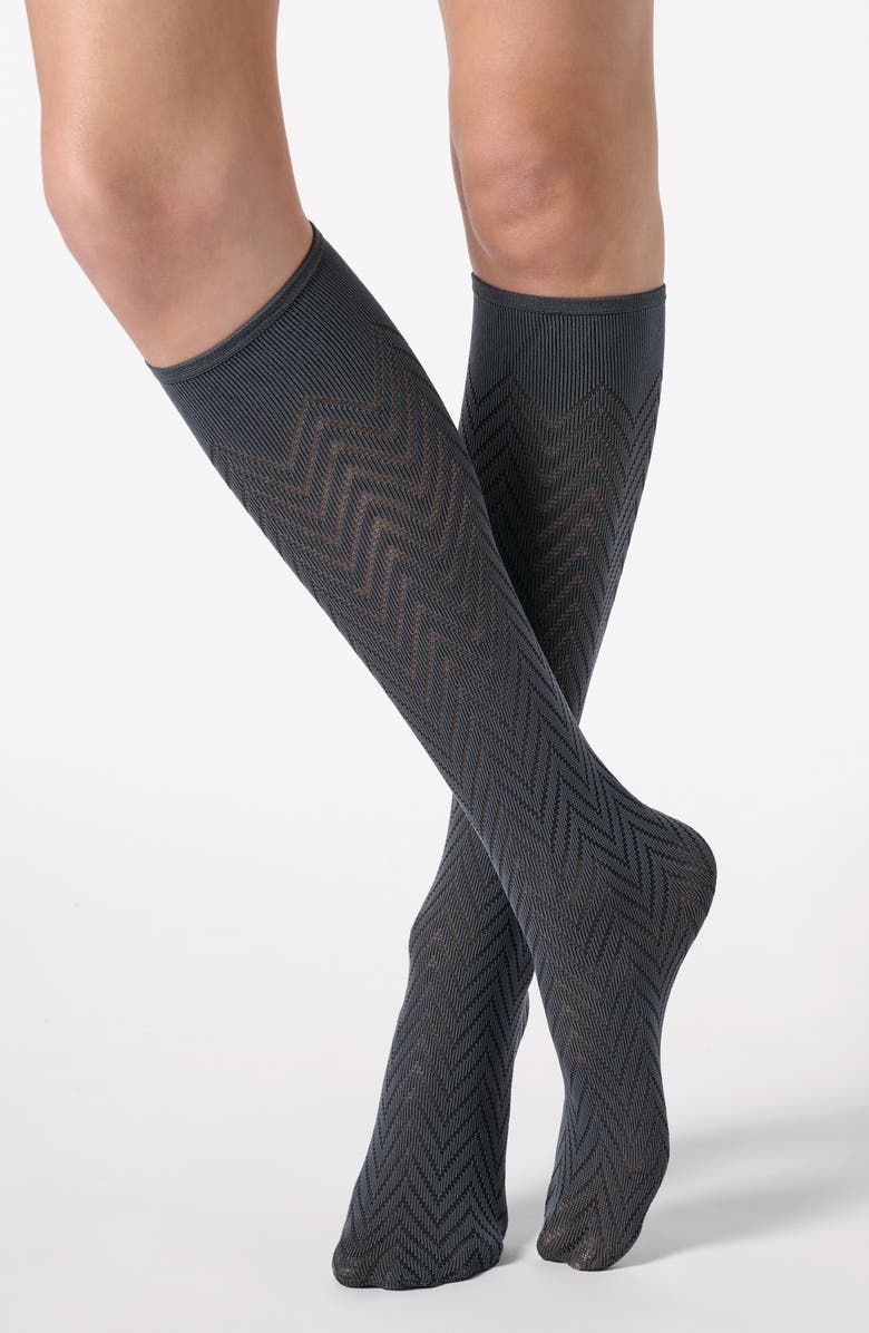 Oroblu Herringbone Knee High Socks, Alternate, color, Nearly Black