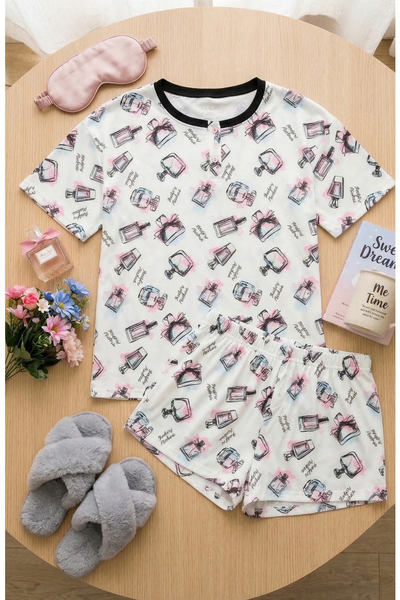 Yummy Henley Top & Short PJ set, Alternate, color, Cream perfume
