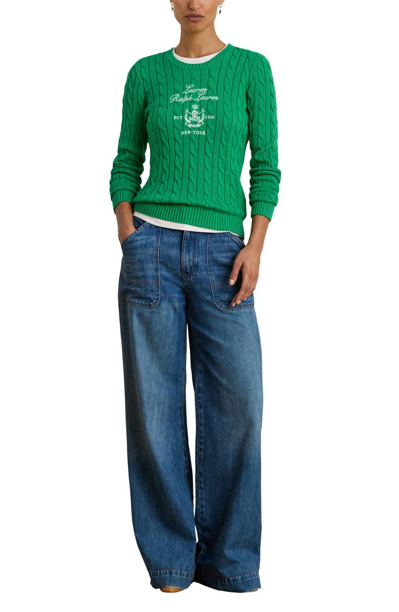 Lauren Ralph Lauren Embroidered Crest Cable Sweater, Alternate, color, Stem Green