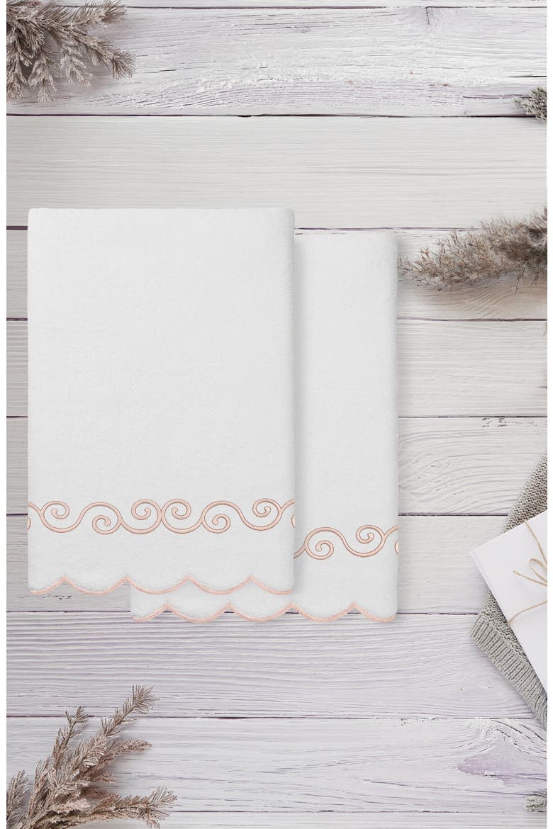 2-Piece Symmetra Embroidered Turkish Cotton Bath Towel Set, Alternate, color, WHITE/ PINK