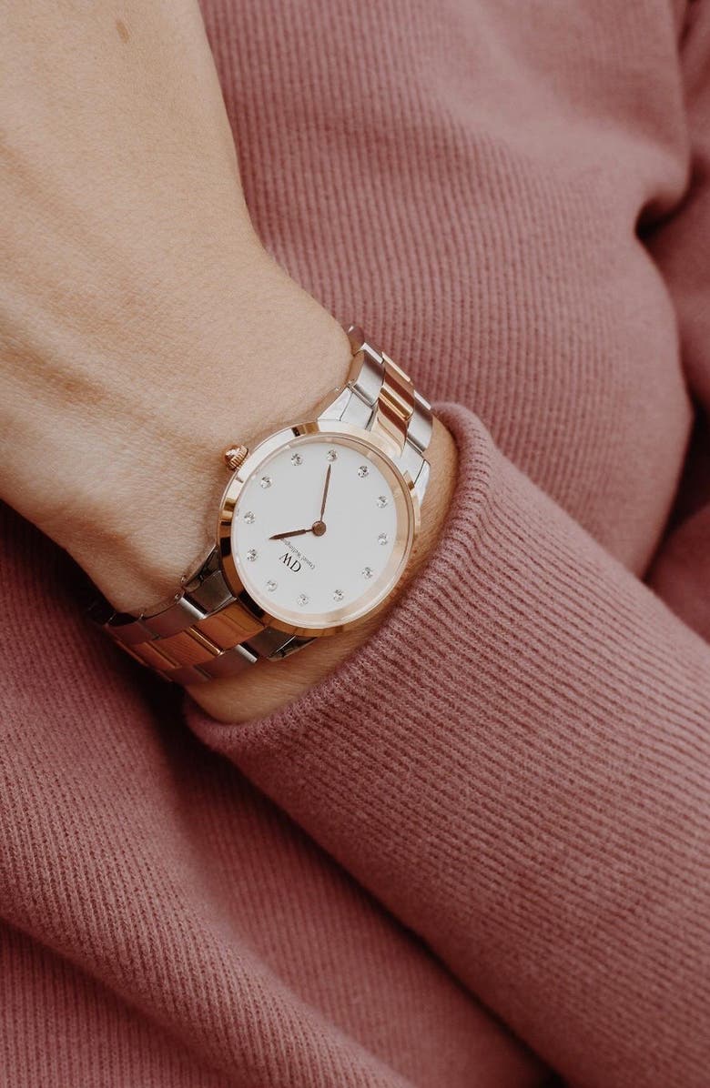 Daniel Wellington Iconic Lumine Bracelet Watch, 28mm, Alternate, color, Rose Gold/ Silver