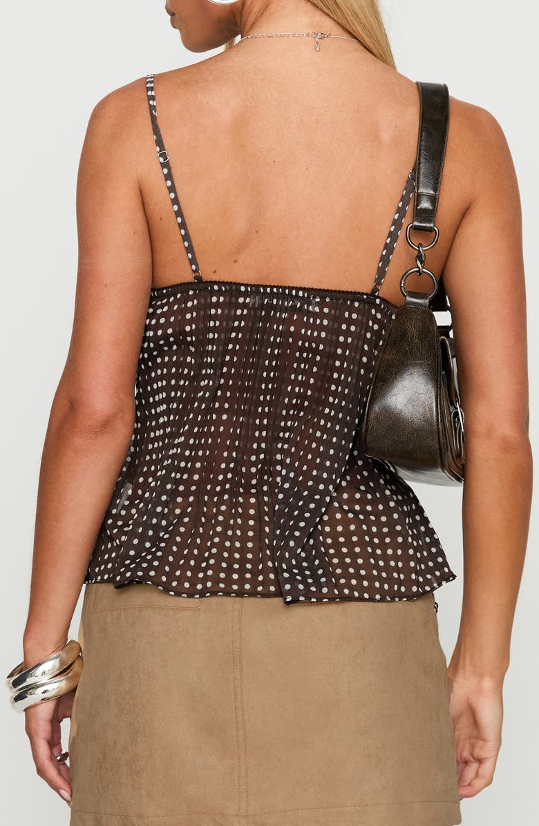 Princess Polly Zami Pleated Lace Trim & Polka Dot Semisheer Camisole, Alternate, color, Brown Polka