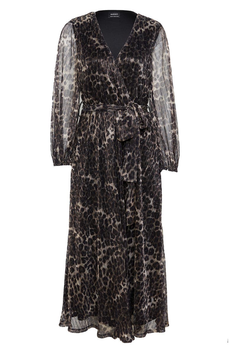 Bardot Metallic Stripe Leopard Plissé Midi Dress, Alternate, color, 