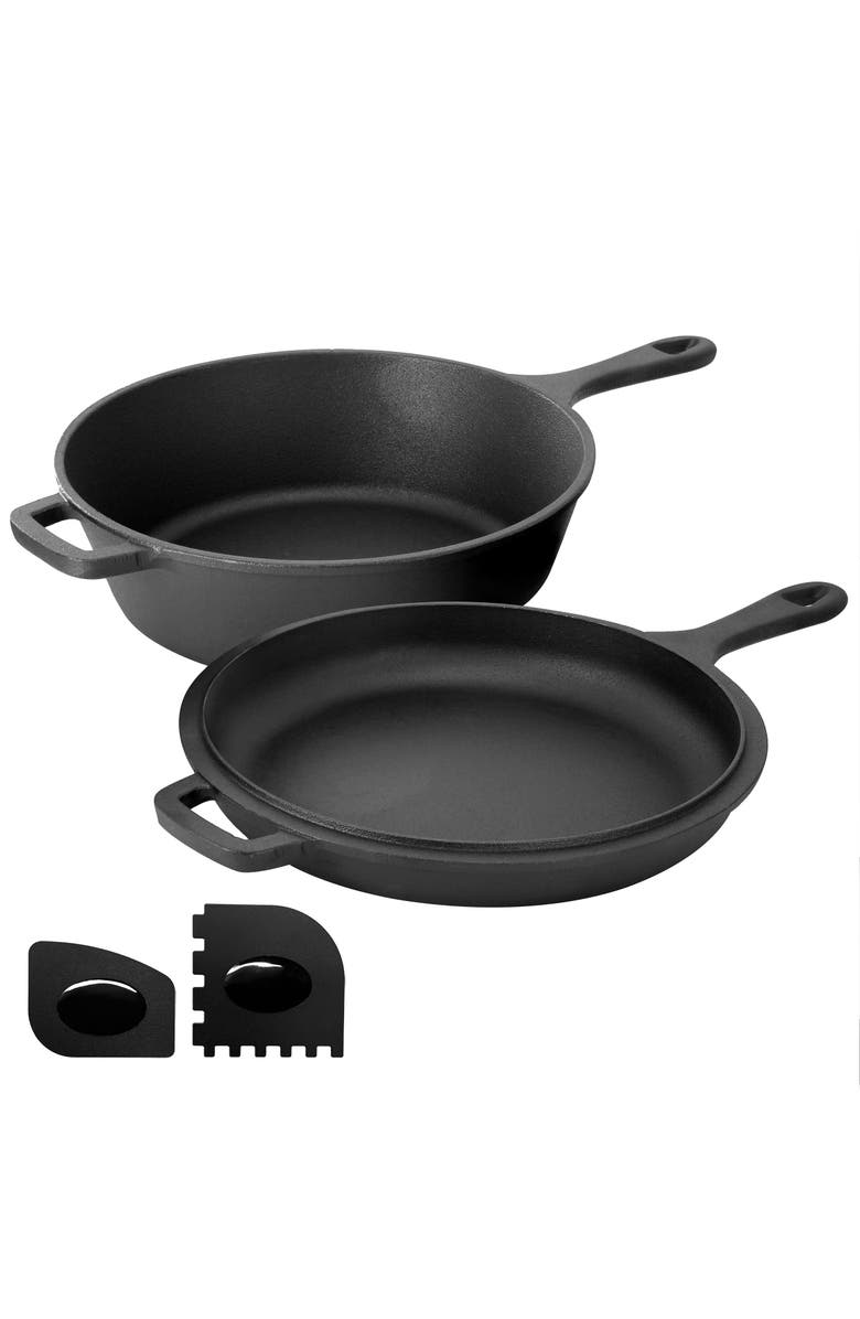 Megachef 10.5 Inch 2-in-1 Pre-Seasoned Cast Iron Skillet and Fry Pan Set, Alternate, color, Black