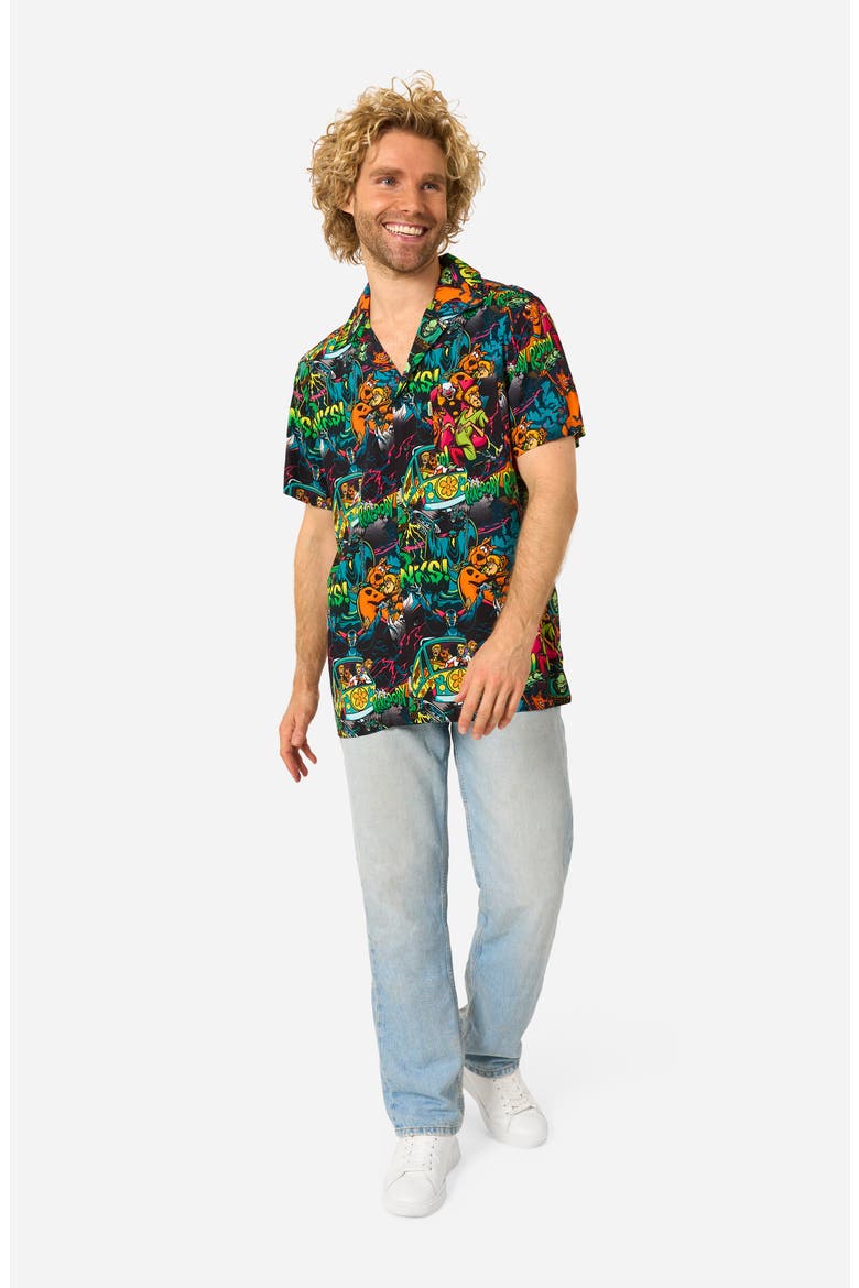Scooby-Doo Short Sleeve Button-Up Shirt, Alternate, color, BROWN