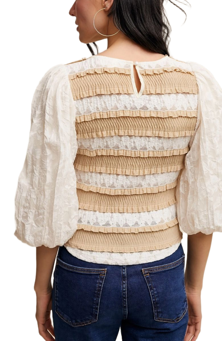 Knit and Lounge Puff Sleeve Ruffle Trim Soft Floral Pattern Top, Alternate, color, 