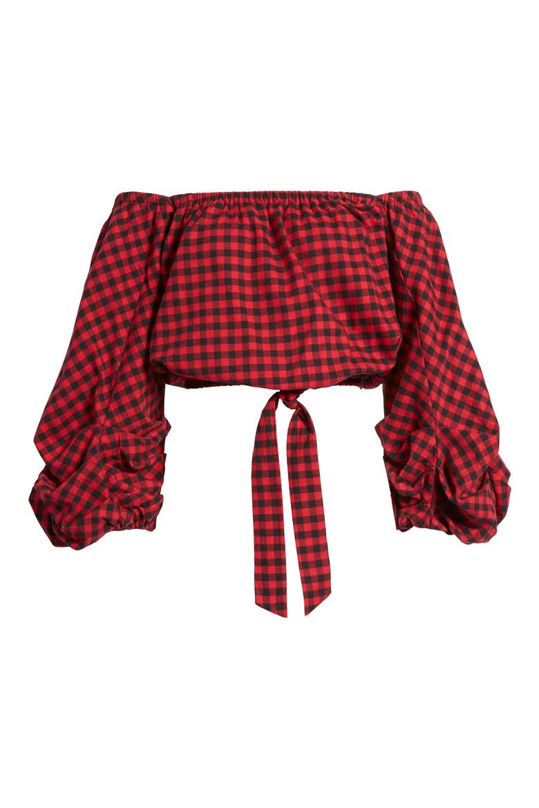 Plaid Off the Shoulder Crop Top, Alternate, color, RED/ BLACK
