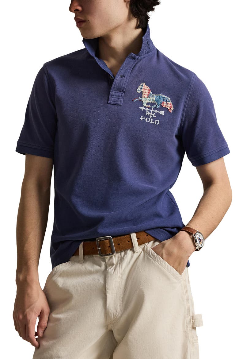 Classic Fit Horse Appliqué Polo Shirt, Main, color, LIGHT NAVY