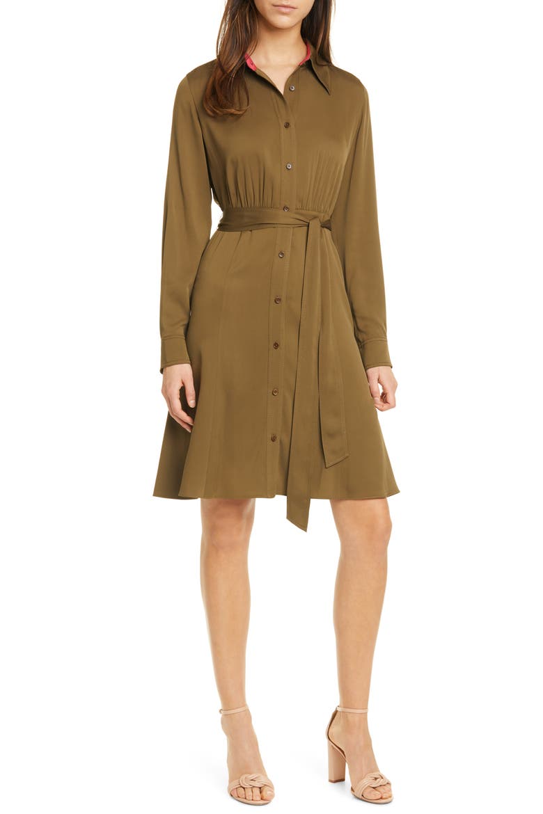 Dory Long Sleeve Stretch Silk Shirtdress, Main, color, TERRA