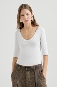 Brunello Cucinelli Stretch cotton ribbed jersey T-shirt with monili