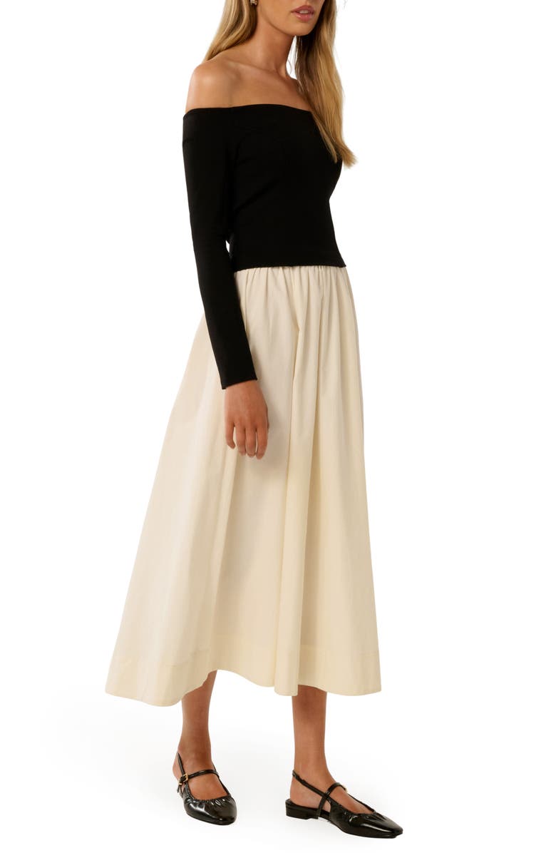 Ever New Savannah Off the Shoulder Long Sleeve Midi Dress, Alternate, color, Black / Cream