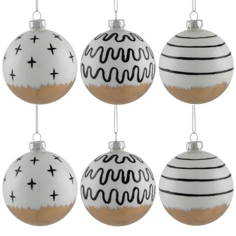 Abstract Glass Ball Christmas Ornaments - 3" (80mm) - White and Black - 6ct