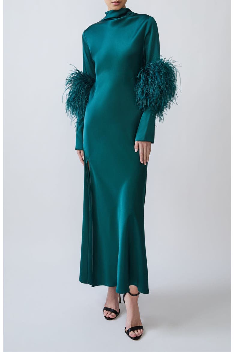 Satin Draped Neck Bias Dress With Feathers, Main, color, Emerald