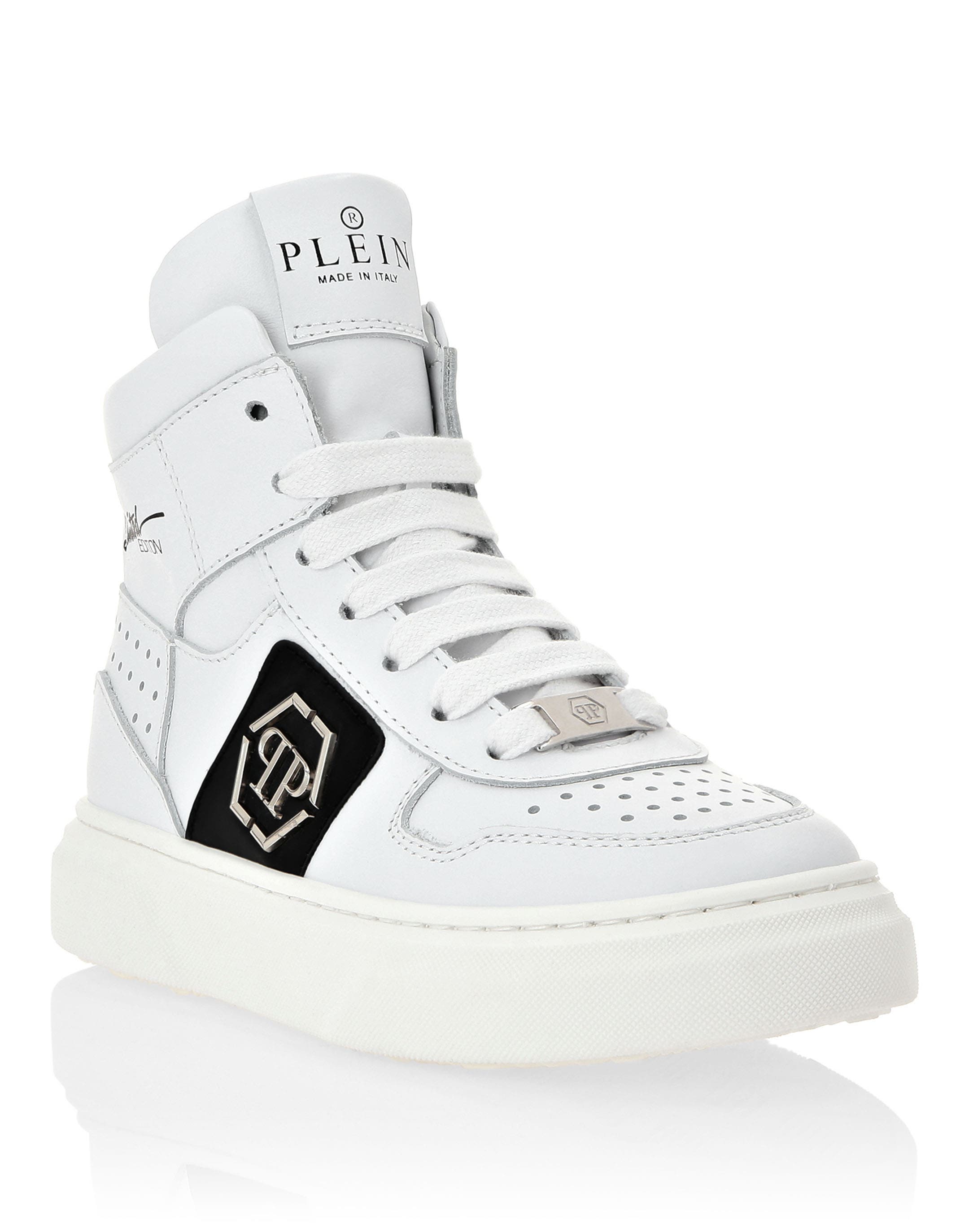 Leather Hi-Top Sneakers Hexagon And Limited Edition Print Boy, Main, color, white
