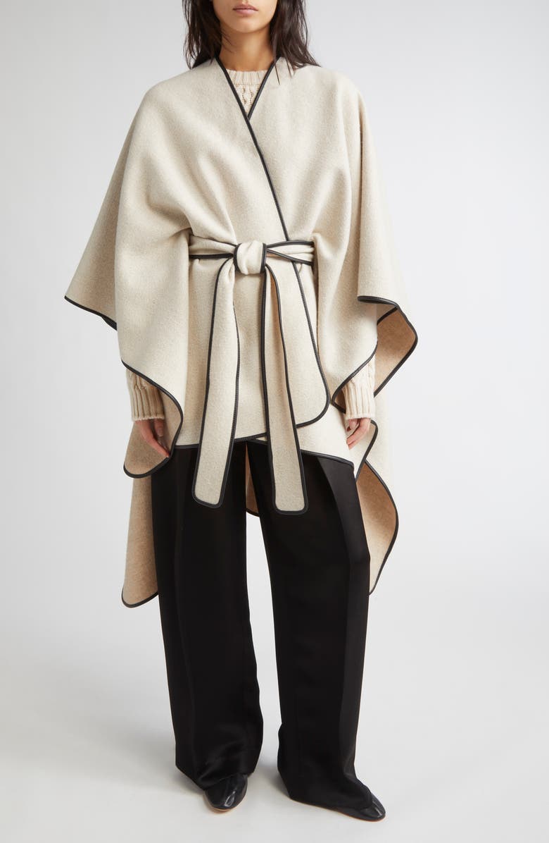Johnstons of Elgin Leather Piped Wool & Cashmere Belted Cape, Alternate, color, Ecru / Oatmeal