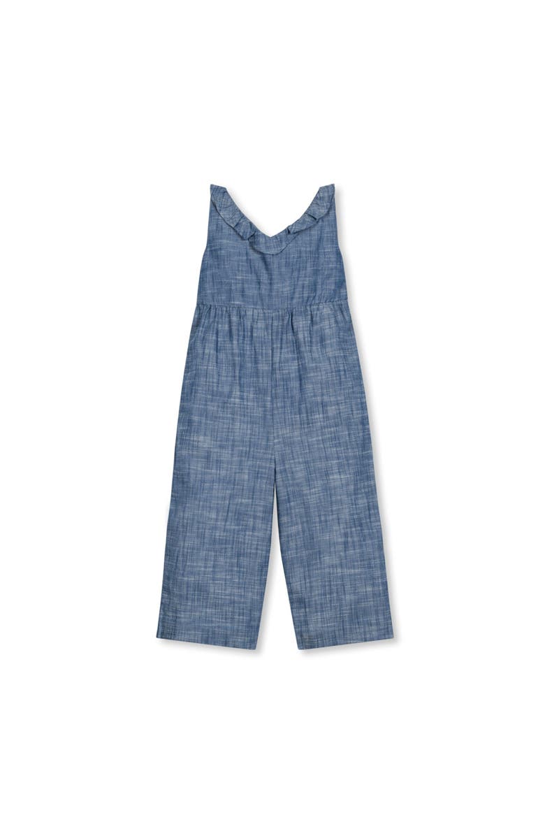 Hope & Henry Girls' Organic Ruffle Neck Jumpsuit, Toddler, Main, color, Chambray