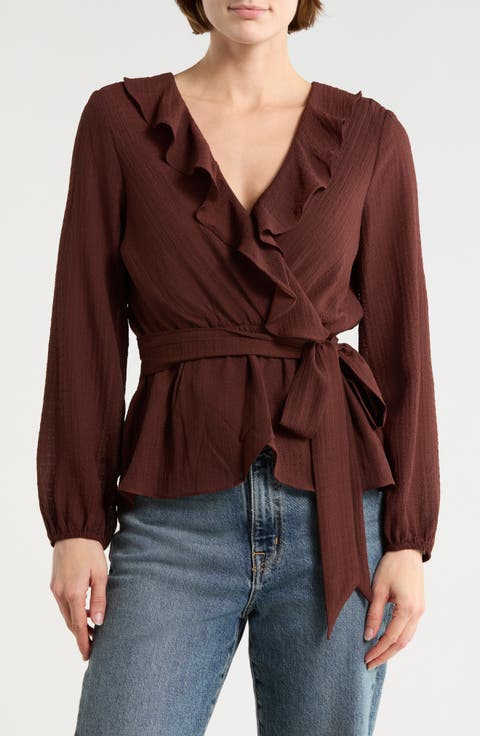 Ruffle Long Sleeve Faux Wrap Top