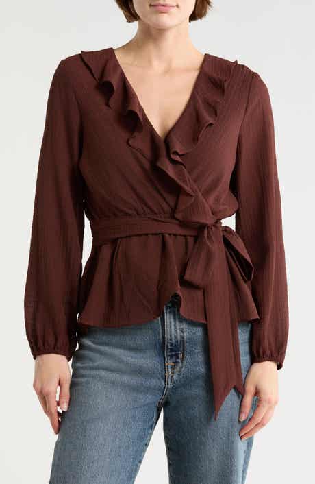 MAX STUDIO Ruffle Long Sleeve Faux Wrap Top