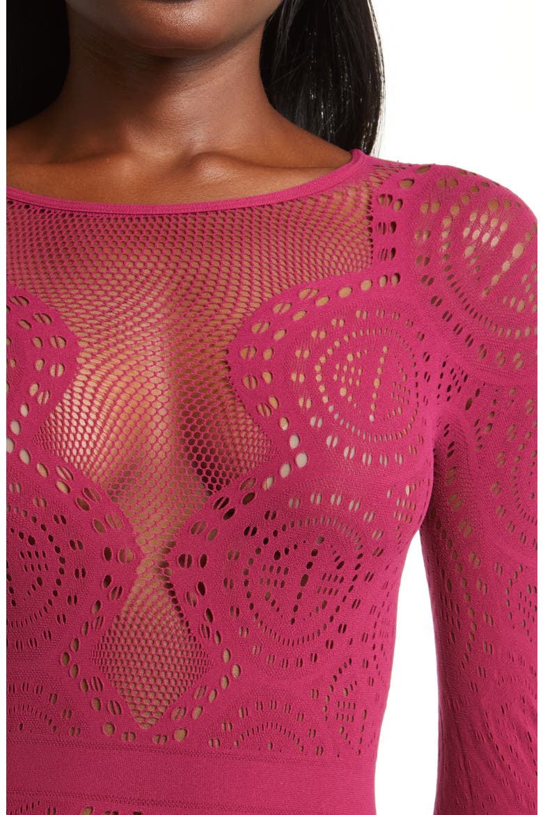 Ornate Long Sleeve Mesh & Stretch Lace Teddy, Alternate, color, BURGUNDY