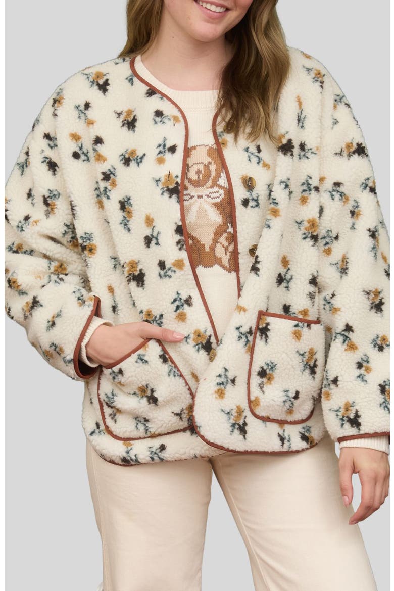Floral Print Faux Shearling Jacket, Main, color, CREAM MULTI