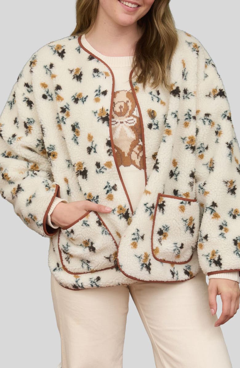 Blu Pepper Floral Print Faux Shearling Jacket, Main, color, Cream Multi