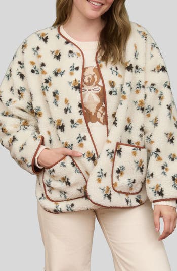 Blu Pepper Floral Print Faux Shearling Jacket In Neutral