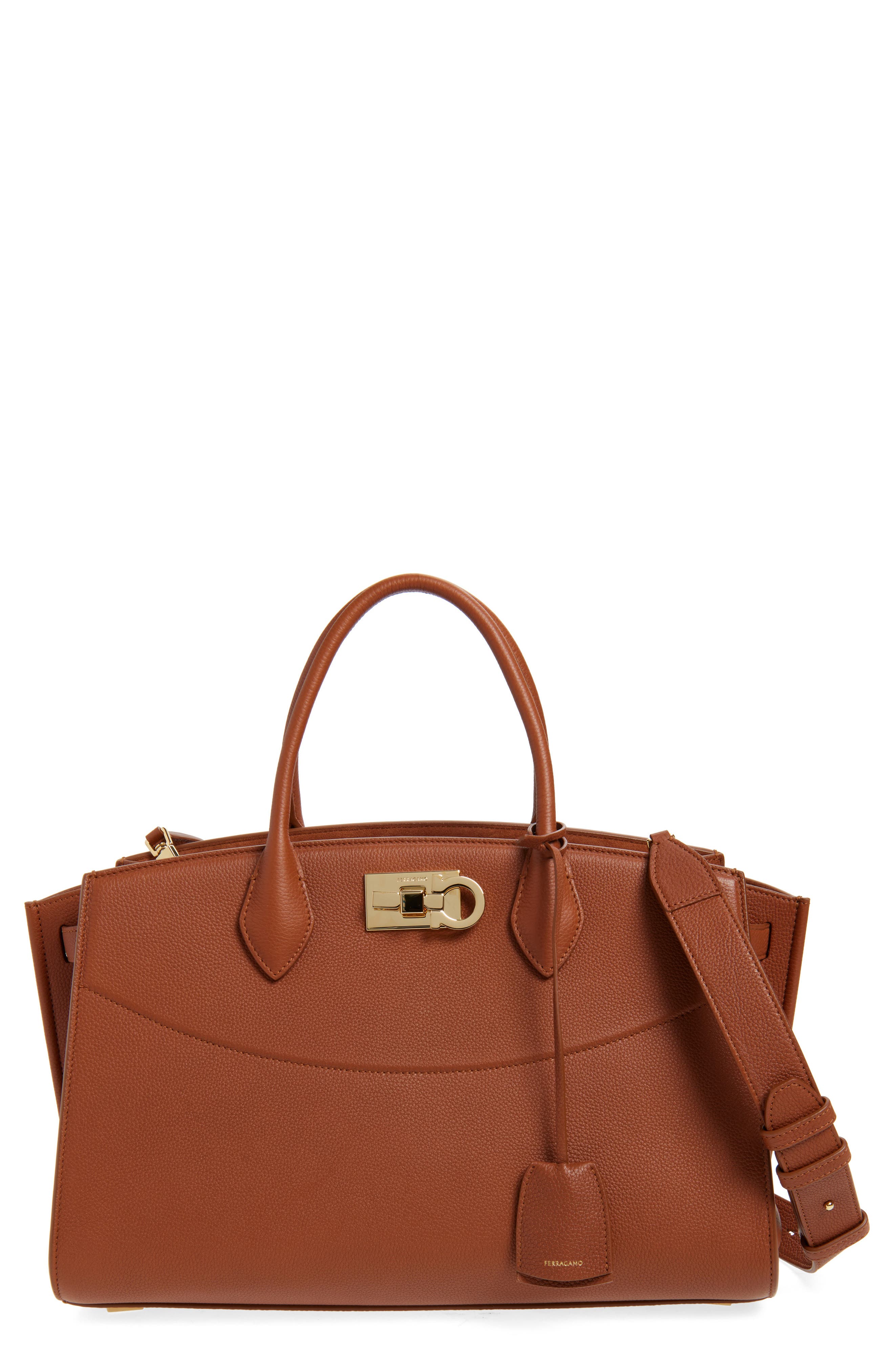 FERRAGAMO Medium The Studio Soft Leather Top Handle Bag, Main, color, New Cognac